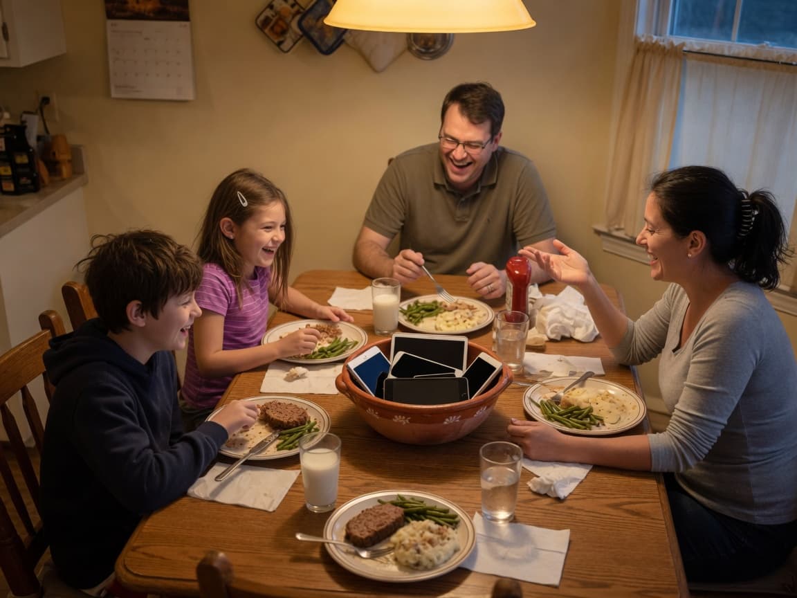 The same family at the same table, talking and laughing, phones face-down in a terracotta bowl in the center