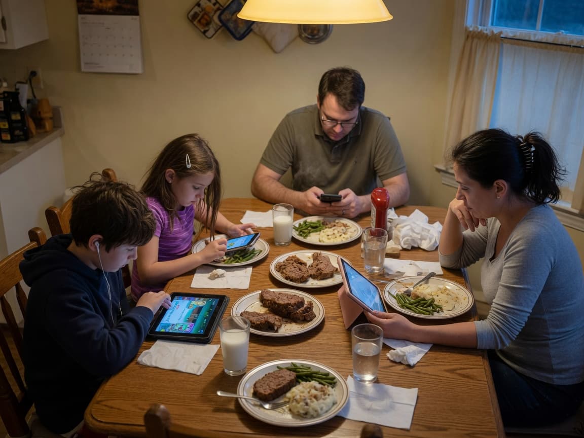 A family of four at dinner, every head down in a phone or tablet, food sitting untouched